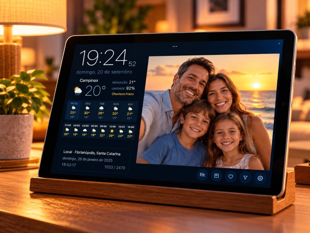 Tablet em casa exibindo o MyMural com uma foto de família, relógio e clima.