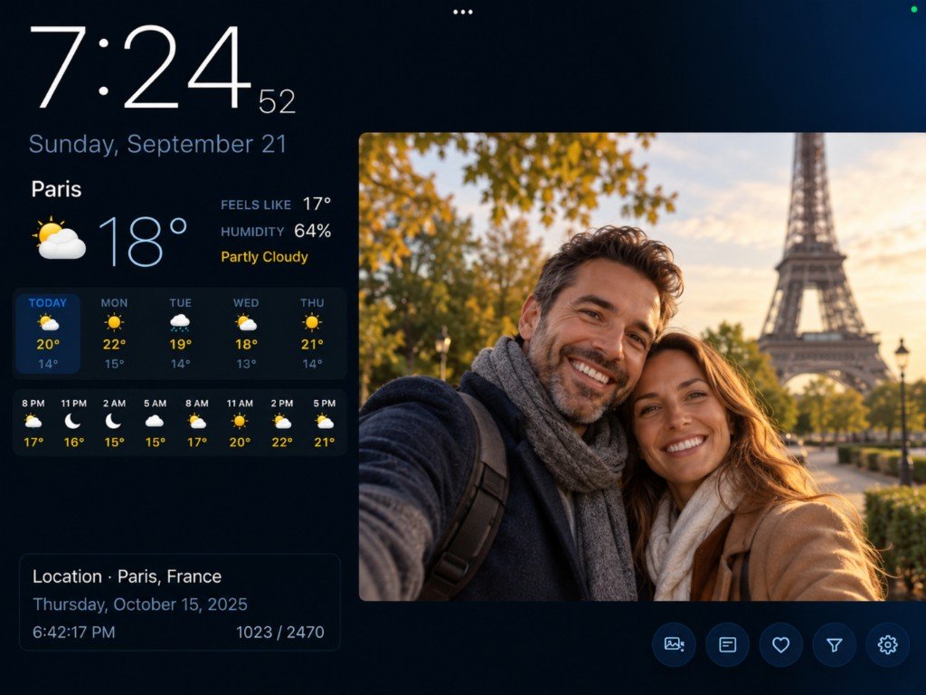 The MyMural screen with a clock, weather, and a featured photo.